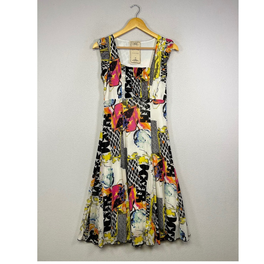 Artsy‎ Eclectic Vintage Concept Womens Medium Multi Abstract Floral Midi Dress